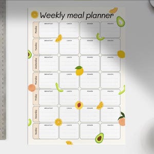 May include: A printable weekly meal planner with a white background and black text. The planner is decorated with illustrations of fruit, including lemons, limes, avocados, and peaches.