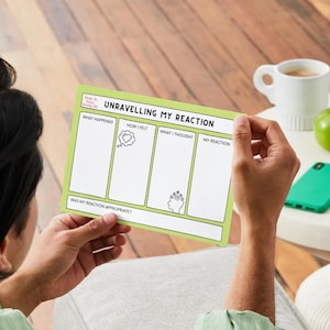 以下が含まれることがあります： 「Unravelling My Reaction」と題された、緑と白の自己反省ワークシートを人が持っています。ワークシートには、「何が起こったか」、「どう感じたか」、「何を考えたか」、「私の反応」のセクションがあります。緑色の電話、白いマグカップ、青リンゴが近くのテーブルにあります。