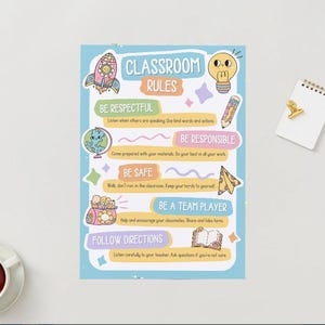 May include: A classroom rules poster with a light blue background and colorful illustrations. The poster includes the text "Classroom Rules" and guidelines such as "Be Respectful" and "Be Responsible."