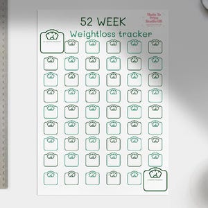 May include: A printable weight loss tracker with 52 scale icons. The icons are outlined in black and have a gradient of green and blue.