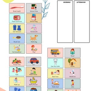 May include: A colorful visual board with pictures and text for a daily routine. The board is divided into two sections: Morning and Afternoon. The Morning section includes activities like brushing teeth, packing a lunch box, getting dressed, brushing hair, eating breakfast, snack time, going to the park, waking up, getting ready for bed, and drinking water. The Afternoon section includes activities like school time, homework, walking the dog, playing, taking the bus, reading, using the toilet, going home, washing hands, bedtime, taking medicine, making the bed, doing jobs, screen time, and having dinner.
