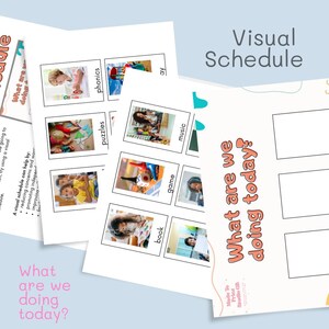 Op de afbeelding: Een visueel schema met de tekst "Visueel schema" en "Wat gaan we vandaag doen?" wordt weergegeven. Het schema bevat afbeeldingen voor activiteiten zoals klanken, puzzels, muziek en spelletjes. Het ontwerp is licht en luchtig.
