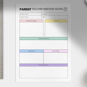 May include: A printable parent-teacher meeting notes template with sections for student strengths, concerns, classroom behavior, homework, goal setting, and parent questions.