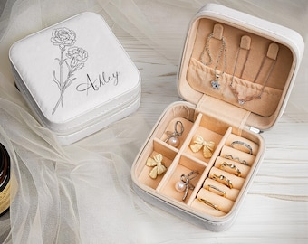 Joyero personalizado con nombre y flor de nacimiento grabados. Estuche de viaje para joyas. Regalo ideal para damas de honor, propuesta de matrimonio, cumpleaños o Navidad.