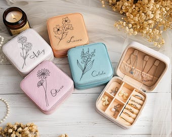 Personalized Birth Flower Jewelry Box with Name, Custom Square Travel Jewelry Case, Bridesmaid Gift for Her, Wedding Keepsake Organizer,Gift