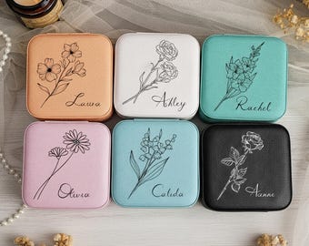 Joyero personalizado con nombre, grabado de flor de nacimiento, estuche de viaje, regalo para dama de honor, boda, cumpleaños, Navidad