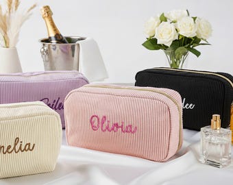 Personalized makeup bag custom toiletry bag embroidered name corduroy pouch bridesmaid gift wedding party favor travel organizer wedding