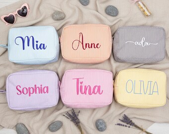 Embroidered Seersucker Makeup Bag Personalized Toiletry Bag Custom Name Cosmetic Pouch Bridesmaid Gift for Her Birthday Holiday Gift Idea