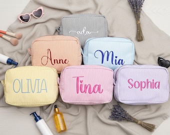 Embroidered Seersucker Makeup Bag Personalized Toiletry Bag Custom Name Cosmetic Pouch Bridesmaid Gift for Her Birthday Christmas Gift