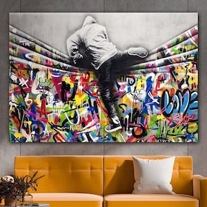 Banksy Jumping Man Graffiti Canvas Art, Colorful Wall Decor