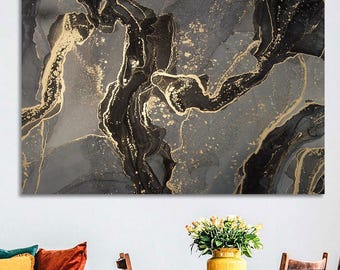 Gray and Gold Marble Abstract Canvas Print, Modern Wall Art
