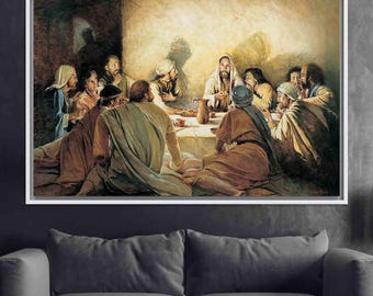 May include: A painting depicting the Last Supper, a biblical scene where Jesus shares a meal with his disciples. The painting features a group of men seated around a table, with Jesus at the center. The scene is illuminated by a warm, golden light, creating a sense of intimacy and solemnity.