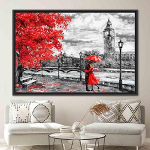Big Ben And Romantic Couple, The Couple Under Red Umbrella, Romantic Wall Art, Big Ben Landscape, London Wall Art, Abstract Wall Art,
