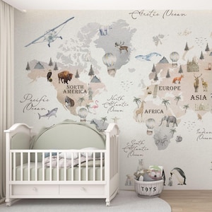 Tapete für Kinderzimmer, Weltkarte, Wanddekor für Babyzimmer, Wandkunst für Babyzimmer, Tapete, Landkarte, Abziehen und Aufkleben, Landkarte, Kunst der Tiere, Weltkarte der Tiere