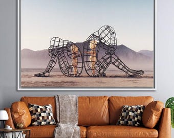 Impresión de la escultura Burning Man, arte lineal en metal, póster en lienzo de algodón