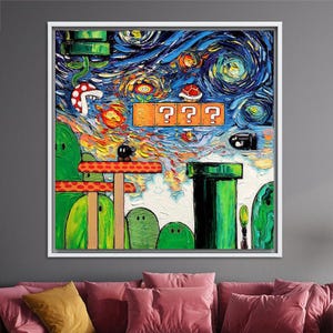 Super Mario Wandkunst, Retro Gaming Decor, Van Gogh Kunstwerk, Mario World Sternennacht Wandkunst, Mario World Van Gogh, Gaming Art
