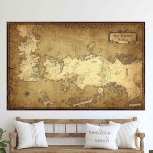 Stampa su tela con mappa del mondo, stampa mappa vintage, arredamento per ufficio e soggiorno, stampa su tela con mappa, mappa del mondo, stampa su tela con puntine, mappa della Terra di Mezzo