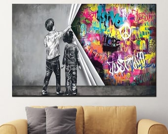 Banksy Graffiti Canvas Art Print, Behind the Curtain, Urban Decor
