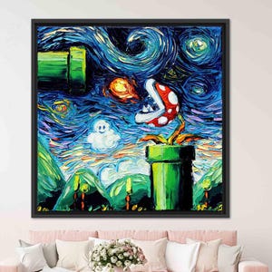 Impresión de Mario de Van Gogh, arte en lienzo de Van Gogh, impresión moderna de noche estrellada, impresión de Mario World, arte de pared moderno, impresión de Mario Bros, arte impreso