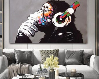 Banksy DJ Monkey Canvas Print, Graffiti Street Art Poster