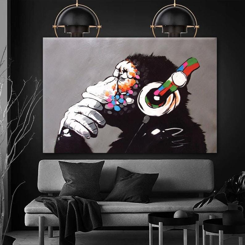 BANKSY DJ MONKEY FEMALE GORILLA CANVAS WALL ART PRINT GRAFFITI DEEP FRAMED