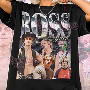May include: Black unisex t-shirt featuring a graphic of Ross Lynch with the text "ROSS Lynch". The shirt has a vintage style design with multiple images of the artist. The words "Only on Etsy" and "Unisex Shirt" are also visible.