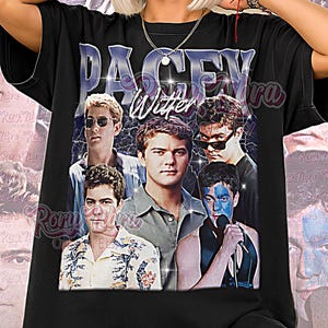 May include: Black unisex t-shirt featuring a graphic of the text "PACEY Witter" with a collage of male faces. The shirt has a vintage aesthetic and the words "Unisex Shirt" are printed at the bottom.