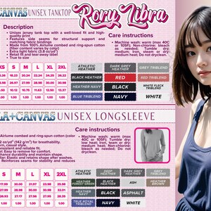 The image is a collage of two images: one featuring a young woman in a blue tank top and the other showing a description and care instructions for a long sleeve t-shirt. The image does not contain any text that can be described in fewer than 500 characters.