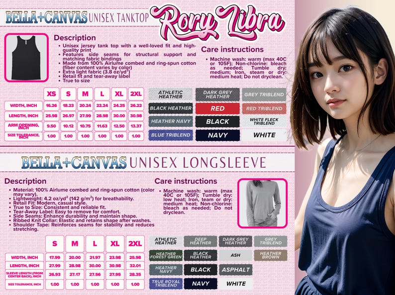 The image is a collage of two images: one featuring a young woman in a blue tank top and the other showing a description and care instructions for a long sleeve t-shirt. The image does not contain any text that can be described in fewer than 500 characters.