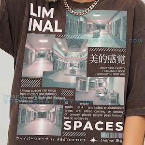 May include: A dark brown t-shirt featuring a graphic print of empty indoor mall corridors. The design includes the text "LIMINAL SPACES," Japanese characters, and descriptive paragraphs about liminality. A gold chain necklace is worn around the neck.