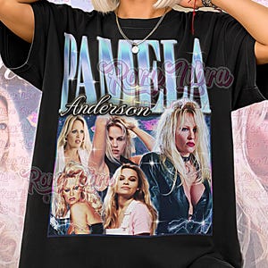 May include: Black unisex t-shirt featuring a graphic of Pamela Anderson with the text "Pamela Anderson" in a stylized font. The shirt has a vintage aesthetic, with multiple images of Anderson. The words "Unisex Shirt" are at the bottom.