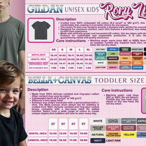 The image is a collage of two photos. The first photo features a young child smiling, and the second photo shows a child wearing a black shirt. The collage includes a description of the clothing items, such as a GILDA UNISE KIDS and a RORY LIBRA, as well as a toddler size description for the BELLA-CANVAS.