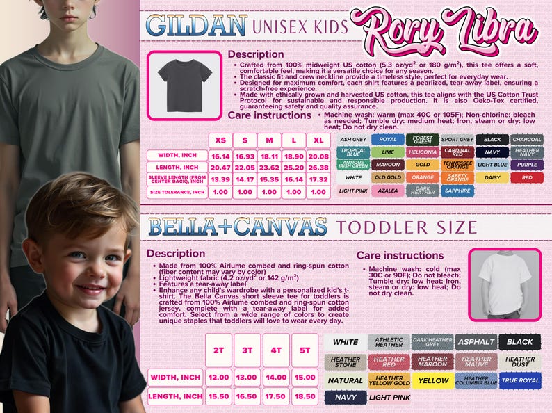 The image is a collage of two photos. The first photo features a young child smiling, and the second photo shows a child wearing a black shirt. The collage includes a description of the clothing items, such as a GILDA UNISE KIDS and a RORY LIBRA, as well as a toddler size description for the BELLA-CANVAS.