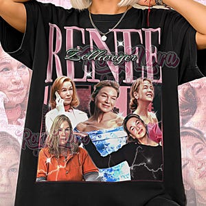 May include: Black unisex t-shirt featuring a graphic of the actress Renée Zellweger with the text "RENEE Zellweger Era". The shirt has a pink and white design and the words "Unisex Shirt" at the bottom.