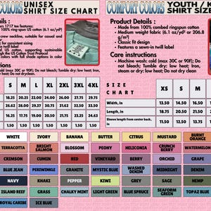 a detailed chart titled "COMFORT COLORS SHIRT SIZE CHART" that provides information on various shirt sizes and styles, including youth, kids, and comfort colors. The chart includes product details, care instructions, and size charts for different shirt types, such as the Comfort Colors 1717 flannel shirt and the Comfort Colors 1717 crew neck. The chart also lists the sizes for different shirt styles, such as the SM, XL, and MXL, and provides a color palette for each size.