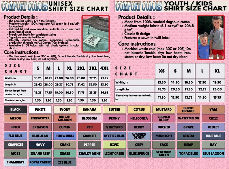 a detailed chart titled "COMFORT COLORS SHIRT SIZE CHART" that provides information on various shirt sizes and styles, including youth, kids, and comfort colors. The chart includes product details, care instructions, and size charts for different shirt types, such as the Comfort Colors 1717 flannel shirt and the Comfort Colors 1717 crew neck. The chart also lists the sizes for different shirt styles, such as the SM, XL, and MXL, and provides a color palette for each size.