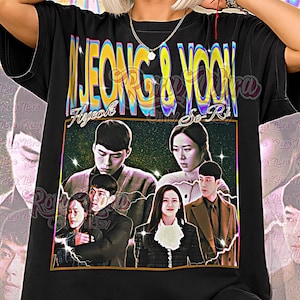May include: Black unisex t-shirt featuring a colorful graphic of the show "Jeong & Yoon" with the actors' images. The shirt has the text "Unisex Shirt" at the bottom. The design has a vintage aesthetic.