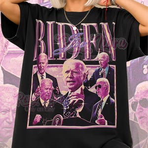 May include: Black unisex t-shirt featuring a graphic of Joe Biden in various poses, with the name "BIDEN" in large, stylized letters above. The shirt also includes the text "Joe" in a cursive font. The words "Unisex Shirt" are at the bottom.