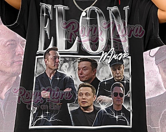 May include: Black unisex t-shirt featuring a graphic of Elon Musk with the text "ELON Musk". The shirt has a collage of images of Elon Musk. The words "Unisex Shirt" are at the bottom.