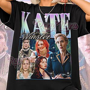 Może przedstawiać: Czarna koszulka unisex z grafiką Kate Winslet i napisem "KATE Winslet". Projekt zawiera wiele zdjęć aktorki. Słowa "Unisex Shirt" są wydrukowane na dole.