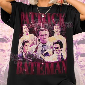 May include: Black unisex shirt featuring a graphic of Patrick Bateman from the movie American Psycho. The design includes multiple images of the character with the text "PATRICK BATEMAN" in a pink, distressed font. The shirt also has the text "Unisex Shirt".