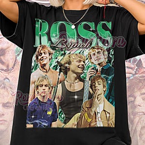 May include: Black unisex t-shirt featuring a graphic of a band with the text "ROSS Lynch" in green. The shirt has a vintage style and the words "Only on Etsy" and "Unisex Shirt" are also visible.