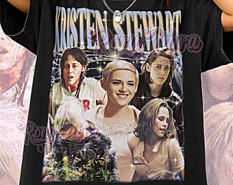 May include: Black unisex t-shirt with a collage of Kristen Stewart images and the text "KRISTEN STEWART". The shirt also has the text "Unisex Shirt" in a cursive font.