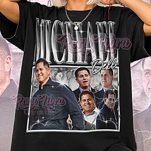 May include: Black unisex t-shirt featuring a graphic of Michael Dell with the text "MICHAEL Dell". The shirt also has the text "Rory Libra Only on Etsy" and "Unisex Shirt".