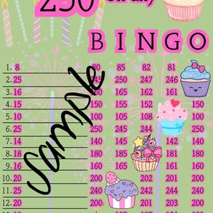Könnte beinhalten: Eine rosa und grüne Bingokarte mit Cupcake-Bildern. Die Karte hat Zahlen von 8 bis 250. Der Text "250 on any" befindet sich oben auf der Karte. Der Text "BINGO" steht in großen rosa Buchstaben oben auf der Karte.