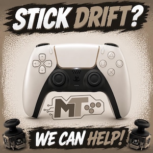 May include: A white and black video game controller centered between two replacement analog stick modules. The text STICK DRIFT? appears at the top, and WE CAN HELP! is at the bottom. A logo with the letters MT is positioned below the controller.