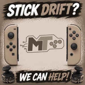 May include: Two tan game controllers with black buttons and joysticks are displayed alongside two replacement joystick modules. The text STICK DRIFT? and WE CAN HELP! appears in white against dark brown backgrounds, with a central MT logo.