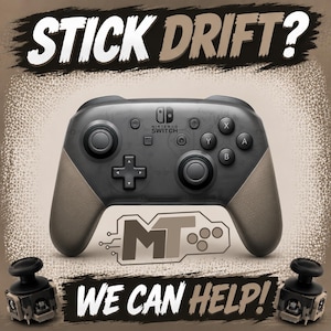 May include: A black Nintendo Switch Pro controller with a translucent shell, featuring the text STICK DRIFT? at the top and WE CAN HELP! at the bottom. Two replacement analog joystick modules are positioned at the bottom corners of the image.
