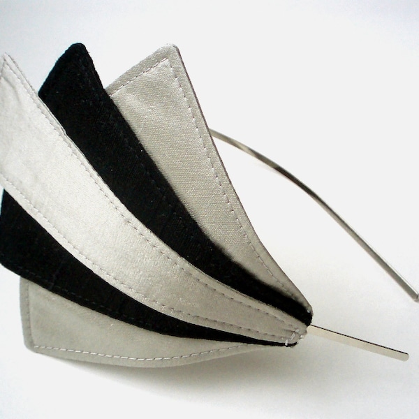 EMPIRE Art DecoSilk Dupioni Headband, Pale Silver and Black