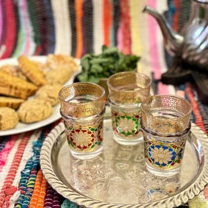 Set of 12 Moroccan Handmade Tea Glasses – Crystal, Zellige, Gold and Cobalt – Colored Glasses for Tea Service – Perfect Gift Idea